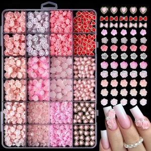 24 Grids 3D Rose Heart Nail Art Charms Mixed Pink Romantic Flower Bow & Rhinestone Nail Art Decorations Nail Jewelry Rhinestones