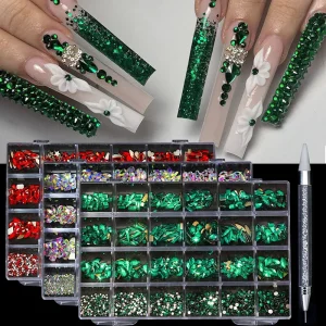 24 Grids Nail Art Rhinestone Flat Bottom Shaped Drill Press on Nails With Rhinestones