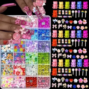 24 Grids Resin Nail Accessories Mixed Cute Bear Bowknots Cartoon Candy Decoration 3D Art Charms