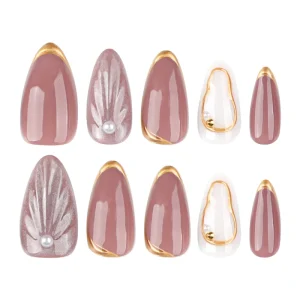 24 Pcs 3787 3D Seashell French Style Romantic Art Acrylic Press on Nails Artificial Fingernails Candy False Nails