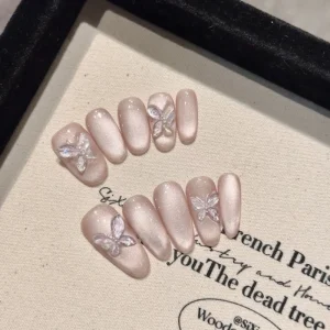 24 Pcs Butterfly Design Cat Eye Acrylic Handmade Press on Nails Full Cover Oval False Nails with Packaging Box