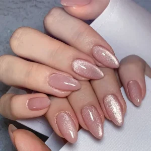 24 Piece Detachable Cat’s Eye Press-on Nail Tips Pink Glossy Almond Shaped Wearable Nails