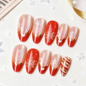 24 Piece Eco friendly Reusable Long lasting Almond Cat Eye Press On French Manicure Nail Tips Christmas Artificial Fingernails