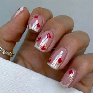 24 Pieces ABS Chrome Medium Square Wearable Finger Nails Premium Pink Heart White French Gel UV Coated Long Lasting Easy Apply