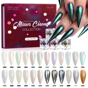 24 color box Sparkling Holographic Aurora Chrome Nails Powder Collection High Quality Mirror Effecting Nail Art Glitter Pigment