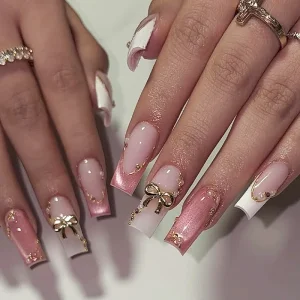 24-piece ABS Material Cat Eye French Press Nails Detachable False Nails Long-wear Artificial Finger