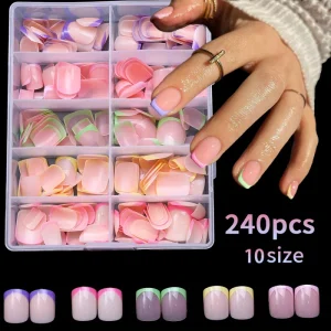 240 Piece Colorful French Style Square Short Artificial Fingernails False Nails for Salon Use Nail Tips Finger
