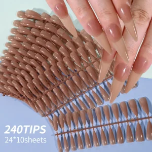 240Pcs Glossy Stiletto False Nails Ice Transparent Brown Acrylic Almond Nail Tips Full Cover Press on Nails Fingernails