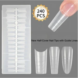 240Pcs Long Press on Nails Semi Matte Frosted Seamless No File With Auxiliary Scale Lines Fit Various Nail Shapes Popular Style