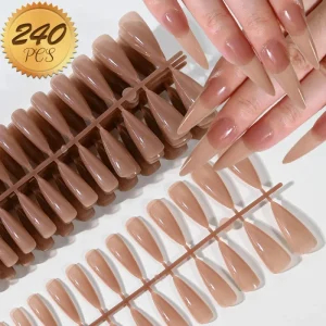 240Pcs Stiletto Almond False Nails Ice Transparent Brown Acrylic Nail Tips Full Cover Press on Nails Artificial Fake Fingernails