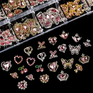240pcs Box Nail Designs Valentine Pink Series Rhinestone Cherry Alloy Nail Art Charms Heart Crystal Nail Art Rhinestone Charm