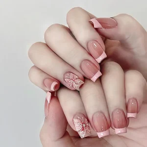 24PCS Sweet Pink French Tip ABS Material Press on Nails with 3D Butterfly Design Square Shape Eco friendly Wearable Fake Nails