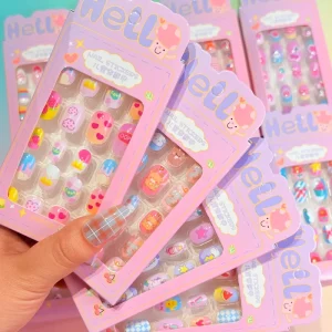 24Pcs Kids Cartoon Pattern False Nails Tips Wearable Cute Girl Child Fake Nails Patches Kawaii Acrylic Artificial Press on Nails