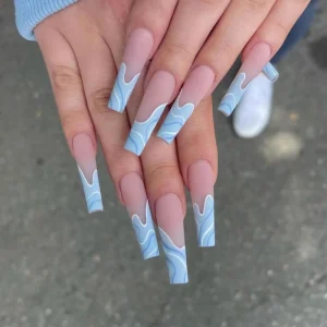 24Pcs Long Coffin Acrylic French Style Artificial Fingernails Press on Nails No Glue