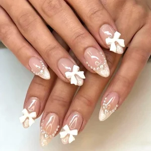 24Pcs White French Press on Nails 3D Bowknot Designs Nude Color Fake Nails Wearable False Nails Tips for Women DIY Manicure