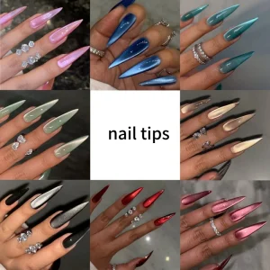 24Pcs cat Eye Long Pointed Press On Nails Light Pink Acrylic False Nail Tips Full Cover Glossy Spring Summer Nail Art Set
