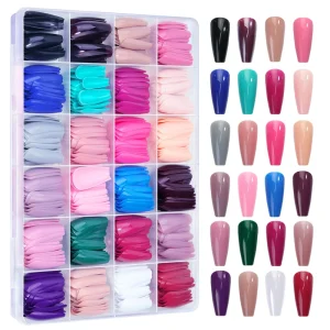 24grid Box Mixed Candy Colorful Nail Art Tips Custom Logo Pour Color Short Almond Coffin Shape Press on Nail Tips