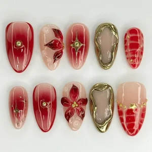24pc Red Flower Luxury Almond False Nails Set DIY Salon Faux Press on Artificial Fingernails Model Style Tips