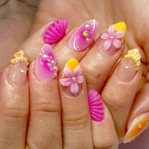 24pcs 3D Flower Blush Gradient Tip Nails Art Almond Acrylic False Nails Set DIY Salon Faux Nails