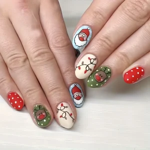 24pcs ABS French Style Full Cover Eco Friendly Mix Artificial Fingernails Red White Snowman Winter Holiday Design Medium Length