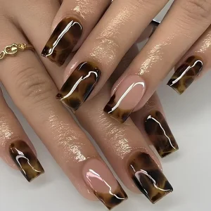 24pcs Dark Brown Smudged French Style Square False Nails Press on Stick on Nails for Artificial Fingernails