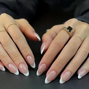 24pcs Detachable Almond False Nails Wearable White French Stiletto Artificial Nails Full Cover Press on Nails for Beauty