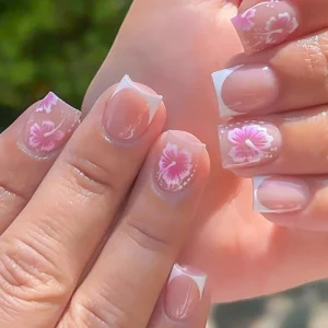 24pcs False Nails With Jelly Glue Flower Butterfly Long French Ballerina Fake Nails Full Cover Acrylic Press on Nails Tips