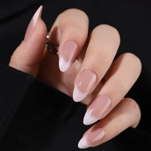 24pcs False Nails With Jelly Glue French Almond White Pink Fake Nails Full Cover Press on Nails Tips