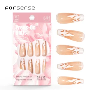 24pcs Flame Design Long Coffin Nail Tips pink Press on Nails Custom Presson Fake Nails Acrylic Artificial Fingernails