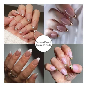 24pcs French Design ABS False Nail Almond Press on Nails Faux Ongles Artificial Fingernails for Salon