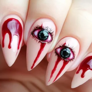 24pcs Halloween Blood Press on Nails Red Blood Almond Acrylic False Fake Nails with Vampire Eye Design for Women Girls