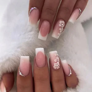 24pcs Middle Square Press on Nails White French Edge Gradient Gentle New Fake Nails With 1 Piece Jelly and 1 File Strip