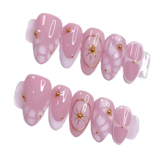 24pcs Pink French Golden 3D ABS False Nails Fashion Almond Medium Length Pre designed Press on Nails Custom Brand