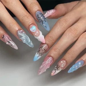 24pcs Shining False Nails Almond Shape With Small Pearl Diamond Artificial Fingernails Reusable ABS Press on Nails