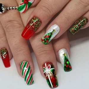 24pcs Shiny Sequin False Nails Christmas Tree Design Glitter Stripe French Style Press on X Mas Nail Decoration for Women Girls