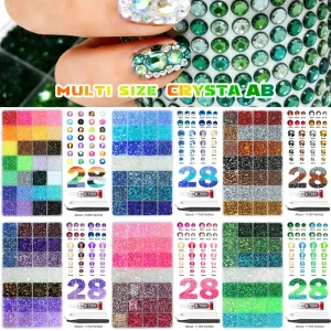 28 Grids Boxed Nail Art Decorations Set Pearl Resin Flatback Rhinestones DIY with Glue Tweezers Dotting Pen