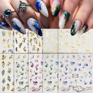 2D Gold Foil Nail Decals Self Adhesive Abstract Ombre Design Shiny Waterproof PET Fashionable Nail Charm Sticker Art