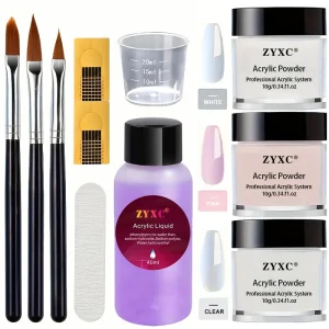 3 in 1 Acrylic Powder Liquid Set Nail Brush Long Lasting Fast Dry Non Toxic 3 Colors Nude Pink Transparent White Nails