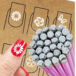30 Designs Detachable Nail Art Pre Made Silicone Flower Butterfly Stamper Print Pen Nail Dotting Tool Pen Set Pink Handle