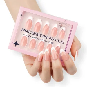 30 Pcs pink French White edge Short Almond Nail Pieces Almond Shape Acrylic Press on Nails Customize False Nails GD30