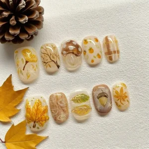 30 Piece Autumn Winter Press On Nail Set 3D Designs Featuring Mushrooms Maple Leaves and Pine Cones