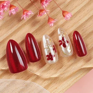 30 Piece Set China Red Plum Blossom Embossed Press On Nails Almond Shape Cat Eye Finish In Stock
