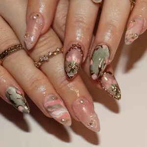 30 Piece Set Hand Painted Cute & Sweet Floral Press On Nails Gold Accented Almond Shape Blended Cat Eye Design