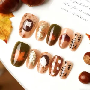 30 Pieces ABS Animal Design Tips Gold Maple Leaf Oval Shape Wearable Nails 3D Painted Pinecone Hedgehog Cute High End Press Art