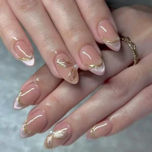 30 Pieces Daily Almond Shaped Full Cover Cat Eye Gold French Line Press Nails Pink Durable Design ABS