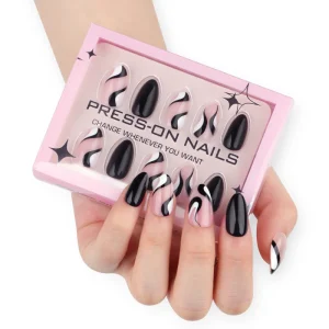 30 Pieces Short Nail Simple French Solid Color Black Almond Stripe Nail Art False Nail Press-On Nails nail supplies