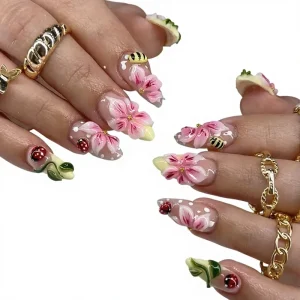 30 Pieces Tip Nails Summer Three dimensional Flower Almond French Style Press On Nails Wearable Nail Cute Seven star Finger