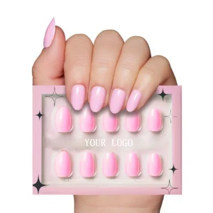 30PCS 100% PCR Post Consumer Recycled Pink Solid Opaque Light Pastel Pink Short Oval Reusable Stick False Nails Press on Nails