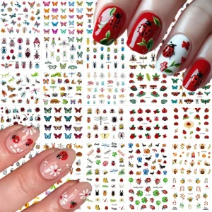 30pcs 3D Cartoon Animal Butterfly Nail Stickers Cute Insect Red Petals Self Adhesive Manicure Decal Lovely Flower Foils Nails