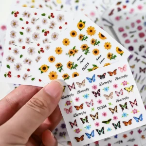30pcs 3D Exquisite Sunflower Butterfly Daisy Nail Art Stickers #6*5cm Self Adhesive Spring Flower Design DIY Manicure Nail Decal